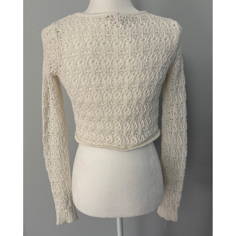 Aeropostale Women's Cream Open Knit Tie Front Cropped Cardigan Sweater Boho XS - Picture 7 of 10